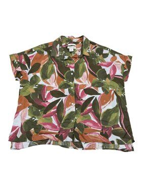 Rachel Zoe Women's 100% Linen Button-Down Shirt Multicolor Tropical Print Sz L